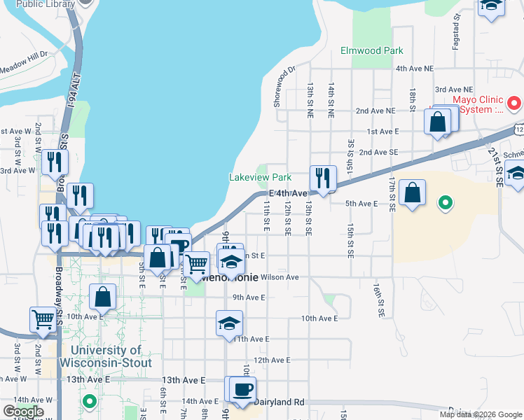 map of restaurants, bars, coffee shops, grocery stores, and more near 1021 5th Avenue East in Menomonie