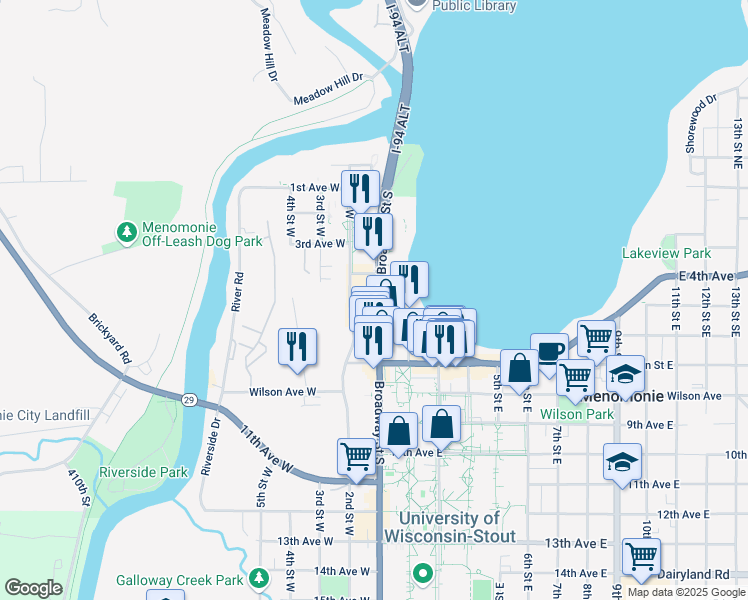 map of restaurants, bars, coffee shops, grocery stores, and more near 441-499 Broadway Street South in Menomonie