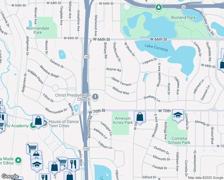 map of restaurants, bars, coffee shops, grocery stores, and more near 4809 Wilford Way in Minneapolis
