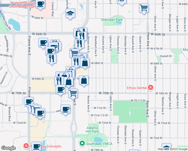 map of restaurants, bars, coffee shops, grocery stores, and more near 6840 Washburn Avenue South in Richfield