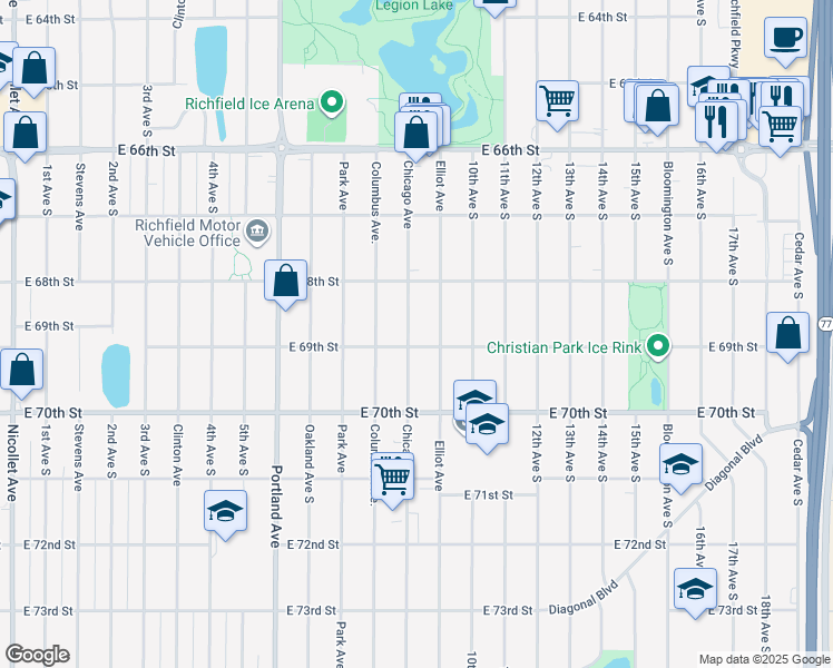 map of restaurants, bars, coffee shops, grocery stores, and more near 6839 Chicago Avenue in Minneapolis