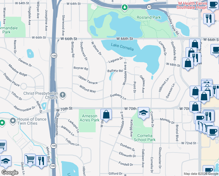 map of restaurants, bars, coffee shops, grocery stores, and more near 6824 Creston Road in Minneapolis