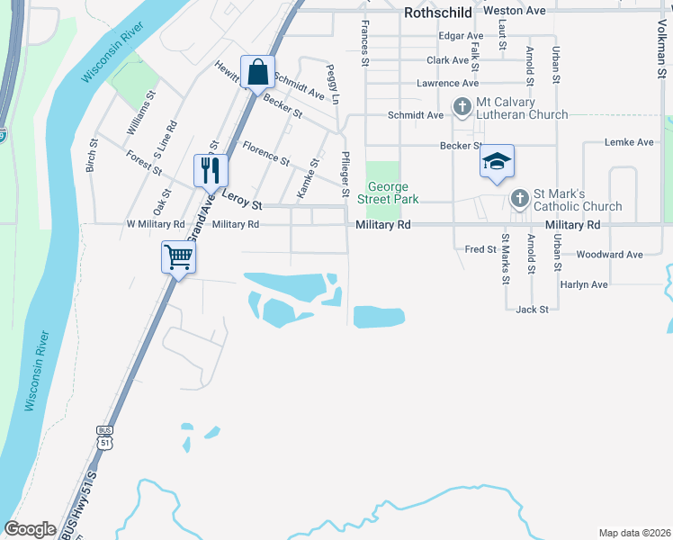 map of restaurants, bars, coffee shops, grocery stores, and more near 213 West James Avenue in Rothschild