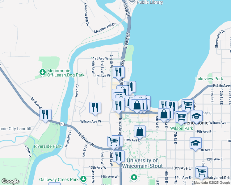 map of restaurants, bars, coffee shops, grocery stores, and more near 503 Broadway Street South in Menomonie