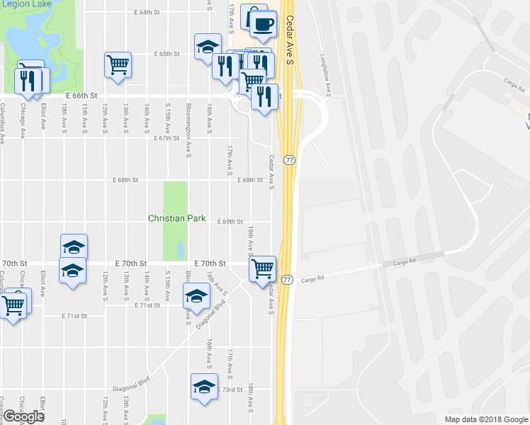 map of restaurants, bars, coffee shops, grocery stores, and more near 6839 18th Avenue South in Minneapolis