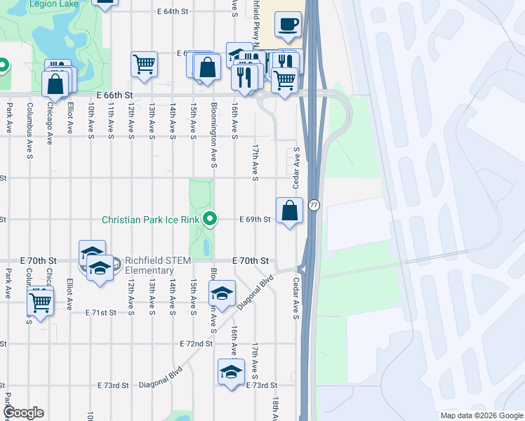 map of restaurants, bars, coffee shops, grocery stores, and more near 6838 17th Avenue South in Minneapolis