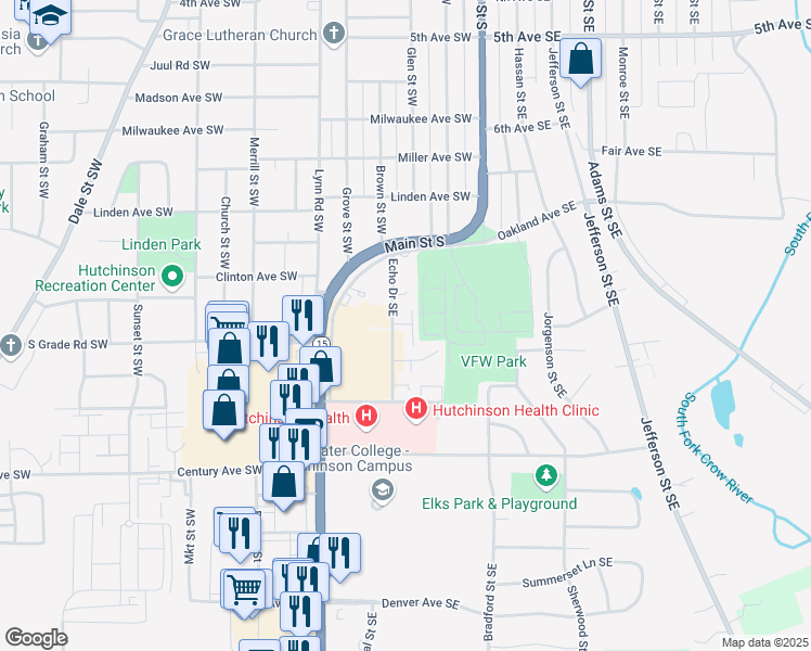 map of restaurants, bars, coffee shops, grocery stores, and more near 991 Echo Drive Southeast in Hutchinson
