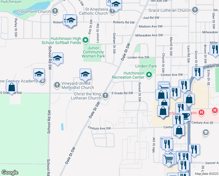 map of restaurants, bars, coffee shops, grocery stores, and more near 907 Dale Street Southwest in Hutchinson