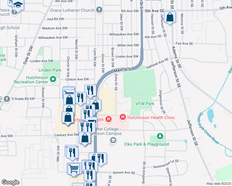 map of restaurants, bars, coffee shops, grocery stores, and more near 991 Echo Drive Southeast in Hutchinson