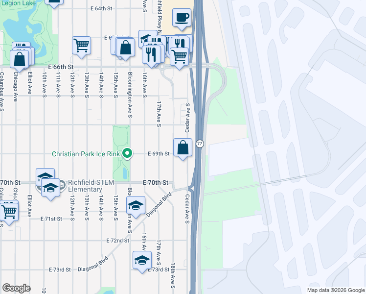 map of restaurants, bars, coffee shops, grocery stores, and more near 6839 18th Avenue South in Minneapolis
