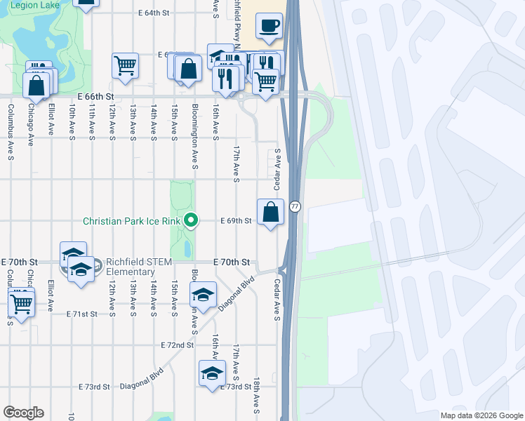 map of restaurants, bars, coffee shops, grocery stores, and more near 6839 18th Avenue South in Minneapolis