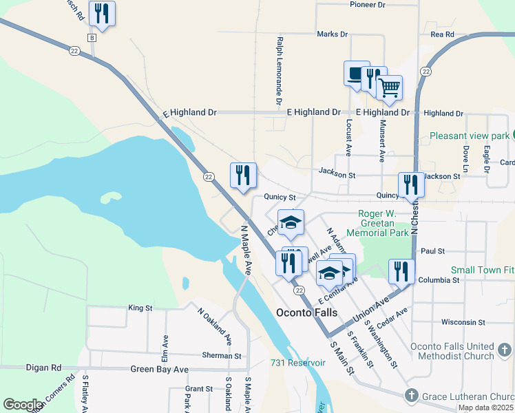map of restaurants, bars, coffee shops, grocery stores, and more near 118 Market Street in Oconto Falls