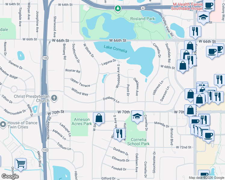 map of restaurants, bars, coffee shops, grocery stores, and more near 6824 Wooddale Avenue South in Minneapolis
