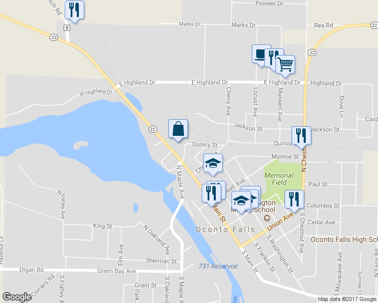 map of restaurants, bars, coffee shops, grocery stores, and more near 118 Market Street in Oconto Falls