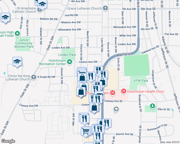 map of restaurants, bars, coffee shops, grocery stores, and more near 954 Merrill Street Southwest in Hutchinson