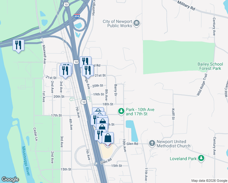 map of restaurants, bars, coffee shops, grocery stores, and more near 1949 Barry Drive in Newport