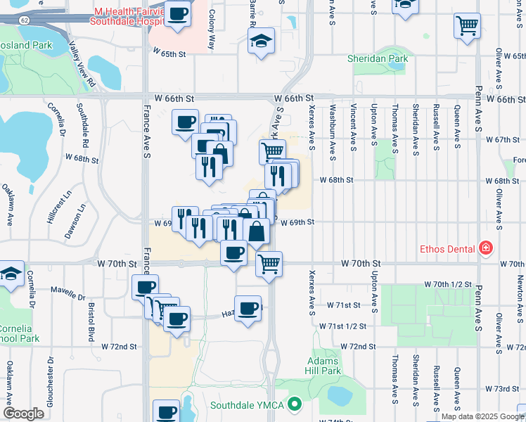 map of restaurants, bars, coffee shops, grocery stores, and more near 6800 York Avenue South in Edina