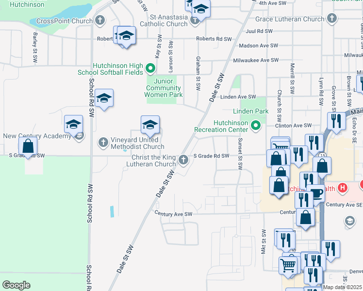map of restaurants, bars, coffee shops, grocery stores, and more near 907 Dale Street Southwest in Hutchinson