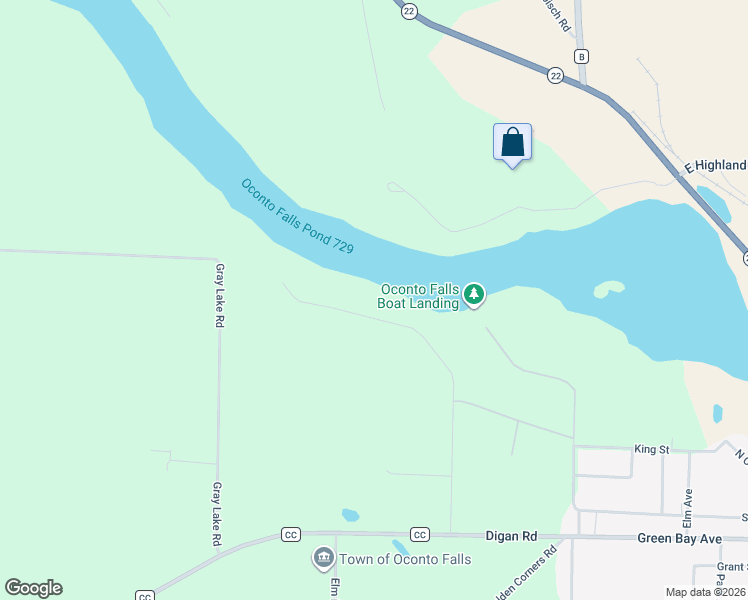 map of restaurants, bars, coffee shops, grocery stores, and more near 5648 Hazelnut Lane in Oconto Falls