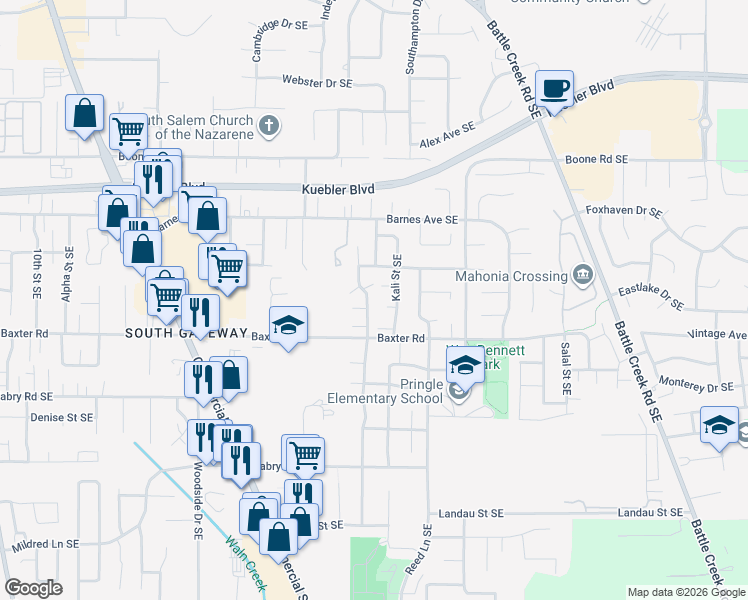 map of restaurants, bars, coffee shops, grocery stores, and more near 5314 Snowflake Street Southeast in Salem