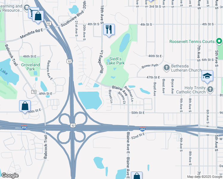 map of restaurants, bars, coffee shops, grocery stores, and more near 4828 Bisset Lane in Inver Grove Heights