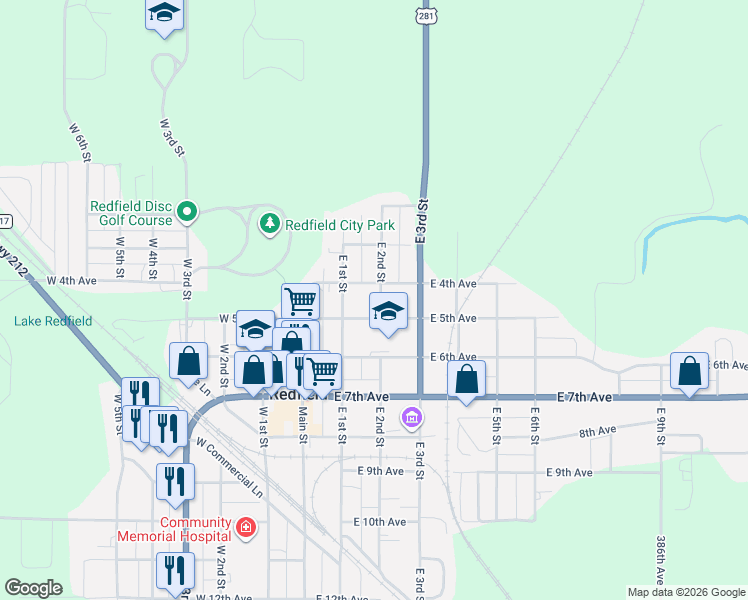 map of restaurants, bars, coffee shops, grocery stores, and more near 400-498 E 2nd St in Redfield