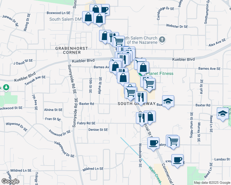 map of restaurants, bars, coffee shops, grocery stores, and more near 5320 Baxter Court Southeast in Salem