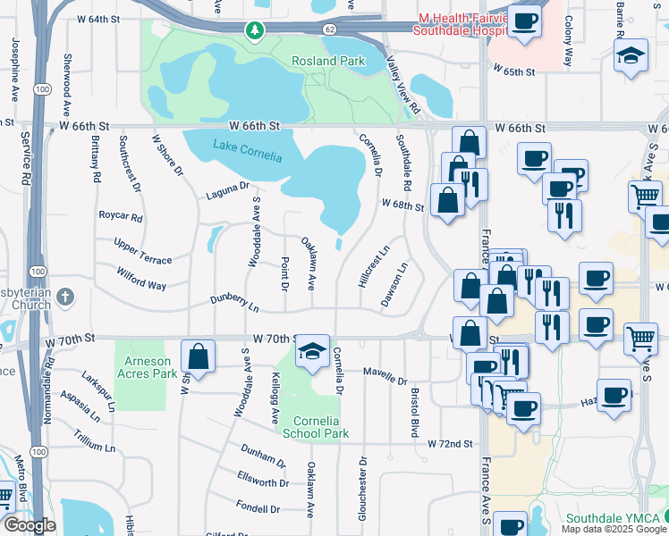 map of restaurants, bars, coffee shops, grocery stores, and more near 6924 Cornelia Drive in Minneapolis