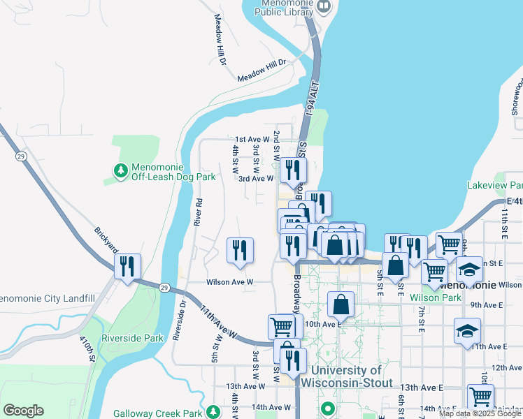 map of restaurants, bars, coffee shops, grocery stores, and more near 410 3rd Street West in Menomonie