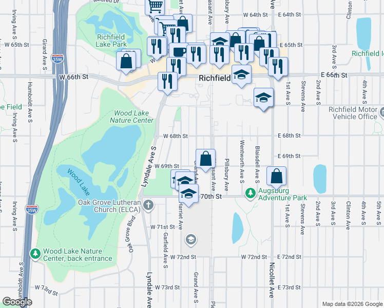 map of restaurants, bars, coffee shops, grocery stores, and more near 6836 Grand Avenue South in Minneapolis