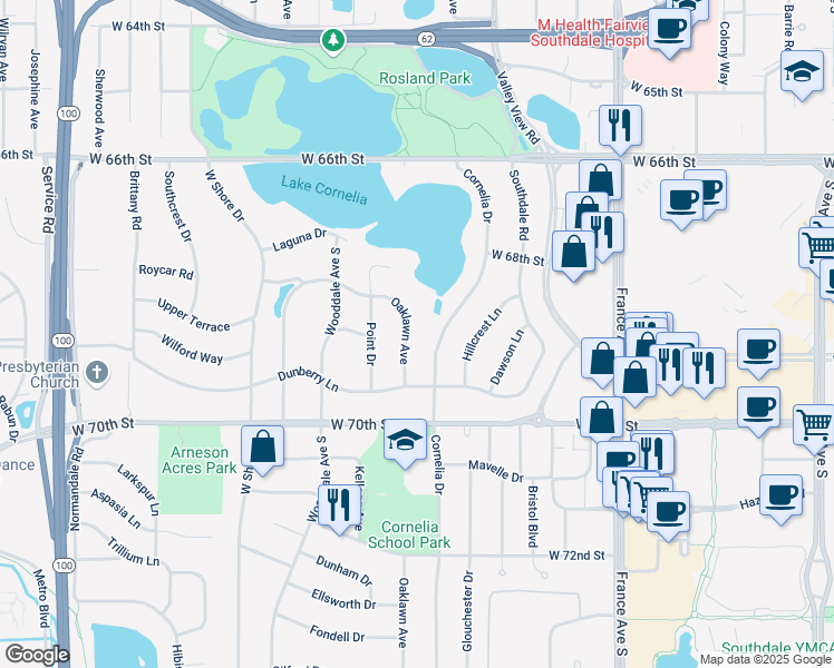 map of restaurants, bars, coffee shops, grocery stores, and more near 6924 Cornelia Drive in Minneapolis