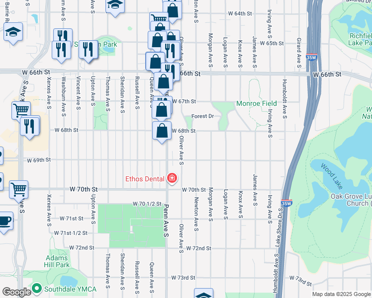map of restaurants, bars, coffee shops, grocery stores, and more near 6848 Oliver Avenue South in Minneapolis