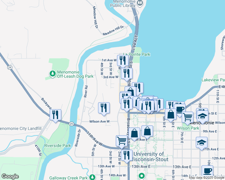 map of restaurants, bars, coffee shops, grocery stores, and more near 410 3rd Street West in Menomonie