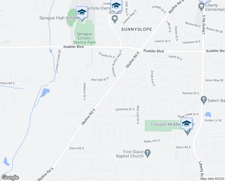 map of restaurants, bars, coffee shops, grocery stores, and more near 5275 Springcrest Drive South in Salem