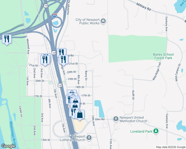 map of restaurants, bars, coffee shops, grocery stores, and more near 1895 10th Avenue in Newport