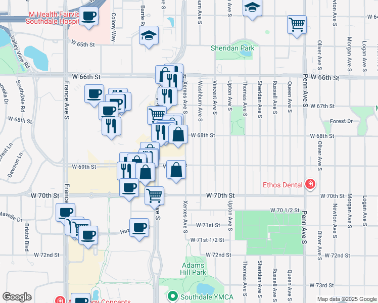 map of restaurants, bars, coffee shops, grocery stores, and more near 6840 Washburn Avenue South in Richfield