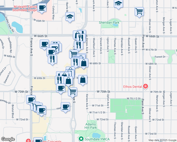 map of restaurants, bars, coffee shops, grocery stores, and more near 6840 Washburn Avenue South in Richfield