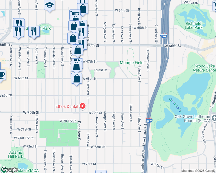 map of restaurants, bars, coffee shops, grocery stores, and more near 6837 Morgan Avenue South in Minneapolis