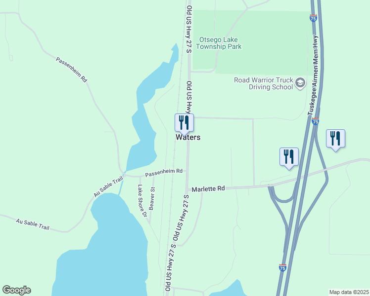 map of restaurants, bars, coffee shops, grocery stores, and more near in Waters