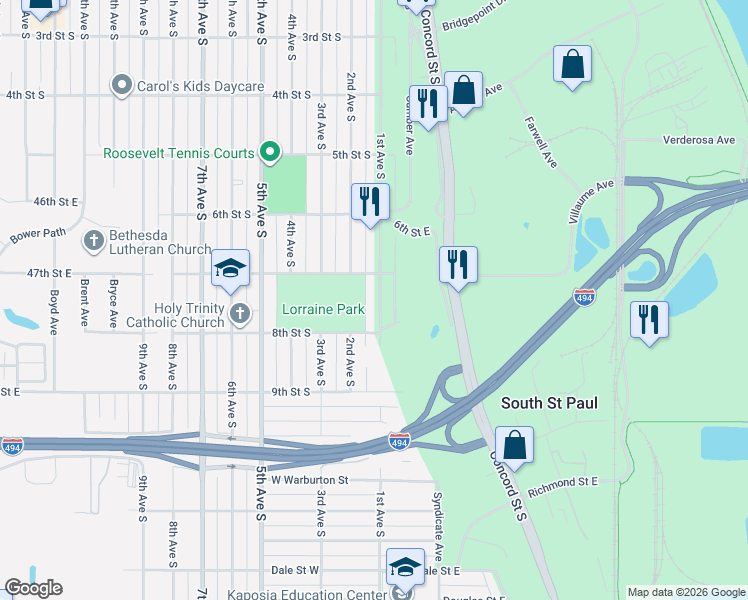 map of restaurants, bars, coffee shops, grocery stores, and more near 753 1st Avenue South in South Saint Paul