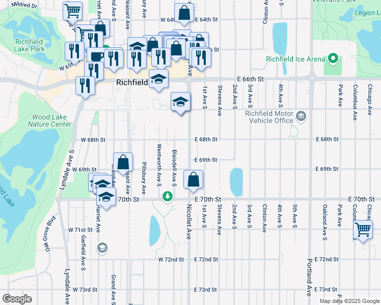 map of restaurants, bars, coffee shops, grocery stores, and more near 7500 Cedar Avenue in Richfield