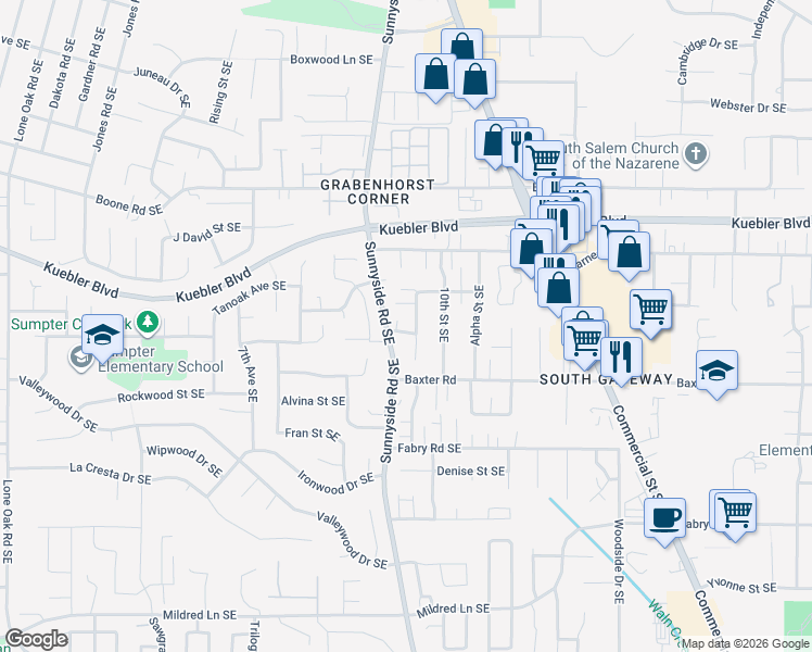 map of restaurants, bars, coffee shops, grocery stores, and more near 947 Alina Avenue Southeast in Salem