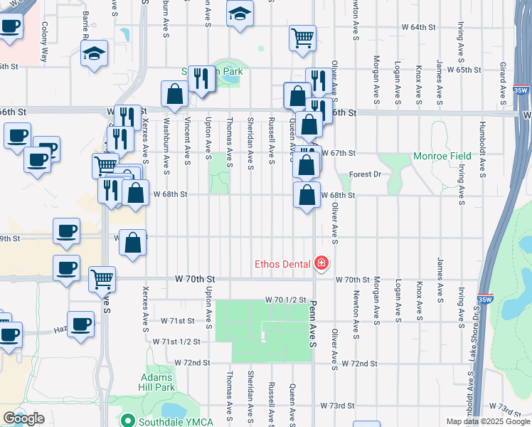 map of restaurants, bars, coffee shops, grocery stores, and more near 6841 Sheridan Avenue South in Minneapolis