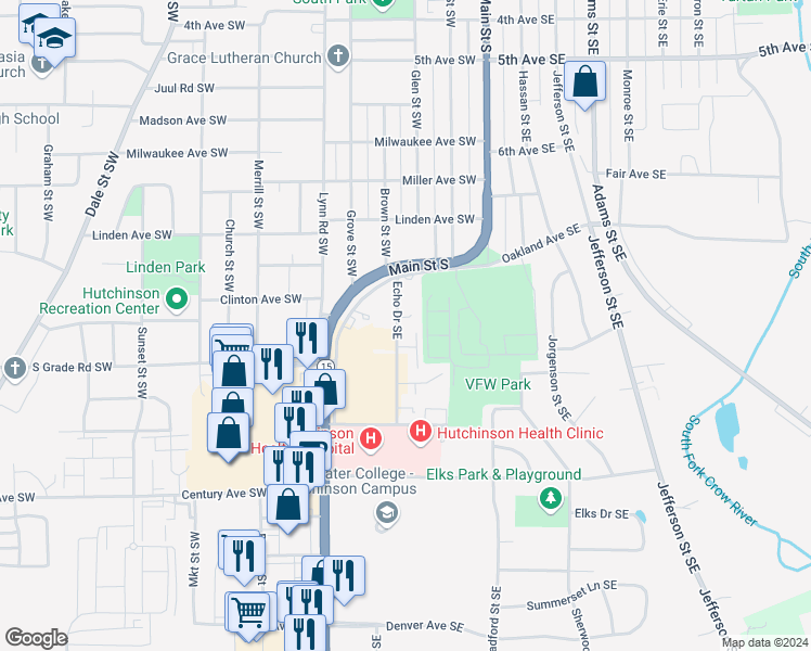 map of restaurants, bars, coffee shops, grocery stores, and more near 985 Echo Drive Southeast in Hutchinson