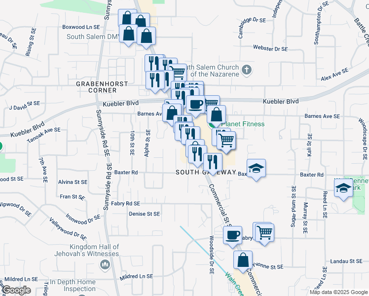 map of restaurants, bars, coffee shops, grocery stores, and more near 5320 Baxter Court Southeast in Salem
