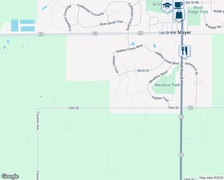 map of restaurants, bars, coffee shops, grocery stores, and more near 1611 Hidden Trail in Mayer