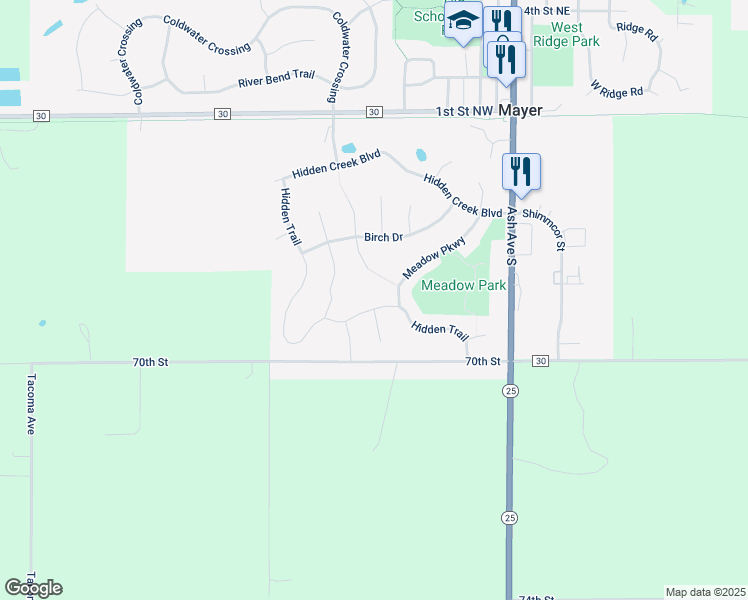 map of restaurants, bars, coffee shops, grocery stores, and more near 1721 Juniper Knoll in Mayer