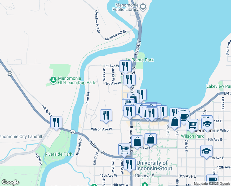 map of restaurants, bars, coffee shops, grocery stores, and more near 410 3rd Street West in Menomonie