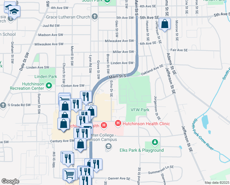 map of restaurants, bars, coffee shops, grocery stores, and more near 991 Echo Drive Southeast in Hutchinson