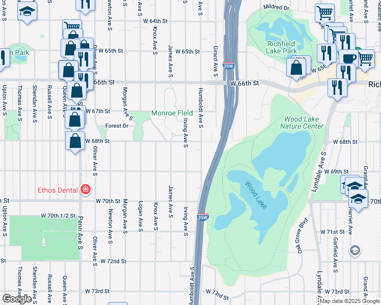 map of restaurants, bars, coffee shops, grocery stores, and more near 6836 Irving Avenue South in Minneapolis